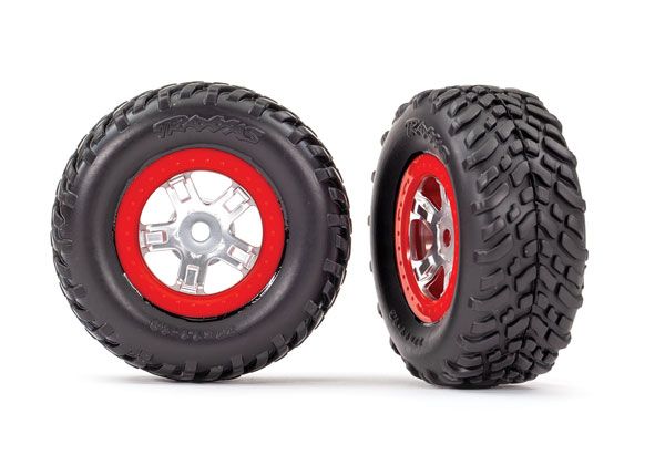 Traxxas SCT Pre-Mounted Tires & Wheels w/Red Beadlock (Satin Chrome) (2) (TRA7073A)