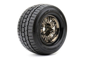 Trigger 1/8 Monster Truck Tires Mounted on Chrome Black Wheels, 0" Offset, 17mm Hex (1 pair) (ROPR4002-CB0)