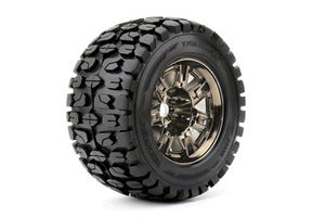 Tracker 1/8 Monster Truck Tires Mounted on Chrome Black Wheels, 0" Offset, 17mm Hex (1 pair) (ROPR4003-CB0)