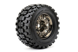 Rythm 1/8 Monster Truck Tires Mounted on Chrome Black Wheels, 0" Offset, 17mm Hex (1 pair) (ROPR4004-CB0)