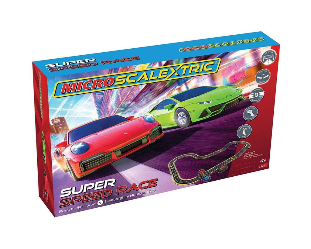 Scalextrics Micro Scalextric Super Speed Race Set - Lamborghini vs Porsc w/Porsche 911 Turbo & Lamborghini Huracan EVO Cars (SSRG1178T)