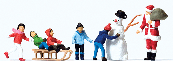 Preiser Christmas Figure Set in Merry Christmas Box -- Santa Claus, 5 Children, Snowman & Sled   (590-10626)