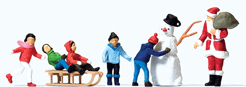 Preiser Christmas Figure Set in Merry Christmas Box -- Santa Claus, 5 Children, Snowman & Sled   (590-10626)