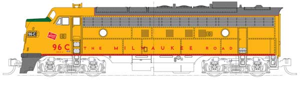 KATO EMD FP7A - Standard DC -- Milwaukee Road #96C (Post 1955, Armour Yellow, gray,  red)   (KAT1762303)