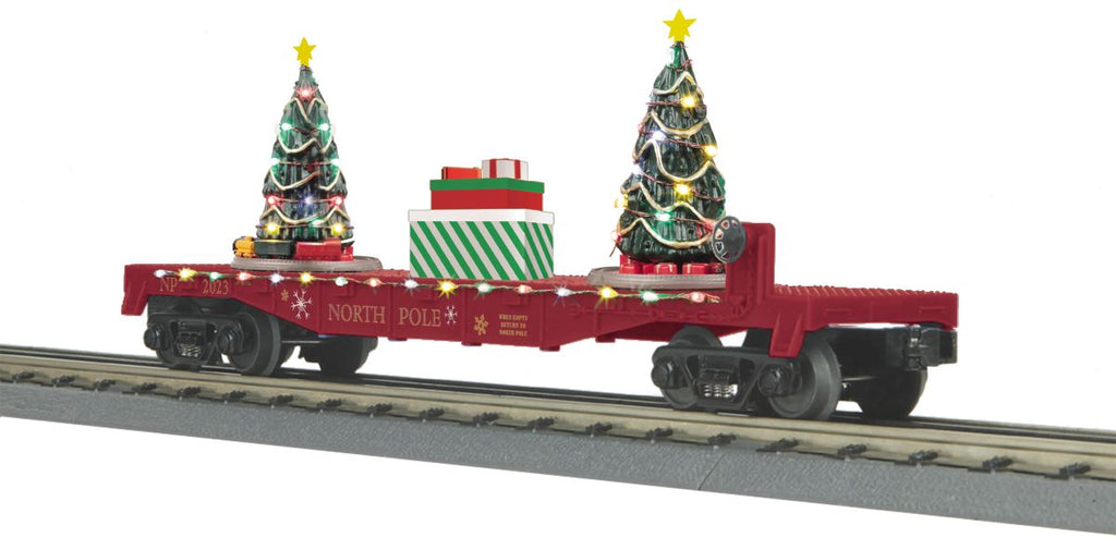 MTH O North Pole Maroon Flatcar w/Lighted Trees  (MTH3076867)