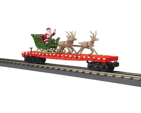 MTH O Flat Car w/LED Lights, Santa Sleigh & Reindeer - Christmas (Red) Car No. 122524   (MTH3076917)