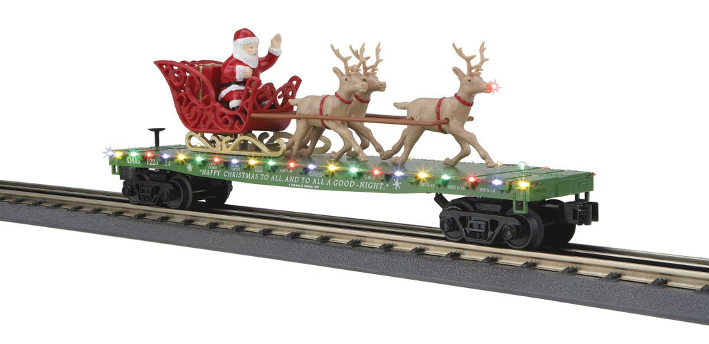 O Christmas Flatcar w/Santa Sleigh & Reindeer/green   (MTH3076918)