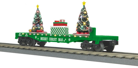 O Christmas Flatcar w/Lighted Trees/green