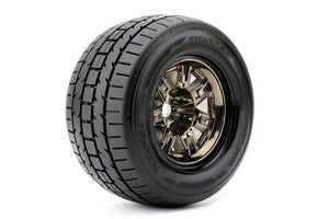 Trigger 1/8 Monster Truck Tires Mounted on Chrome Black Wheels, 0" Offset, 17mm Hex (1 pair)  (ROPR4002-CB0)