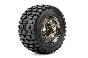 Tracker 1/8 Monster Truck Tires Mounted on Chrome Black Wheels, 0" Offset, 17mm Hex (1 pair)   (ROPR4003-CB0)