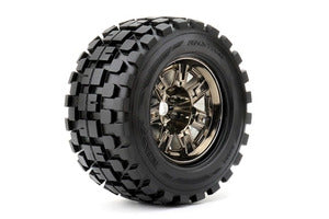 Rythm 1/8 Monster Truck Tires Mounted on Chrome Black Wheels, 0" Offset, 17mm Hex (1 pair)  (ROPR4004-CB0)