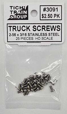 Tichy Stainless Steel Truck Screws for HO Freight Cars -- Self-Tapping 2-56 x 3/16" pkg(25)   (TIC3091)