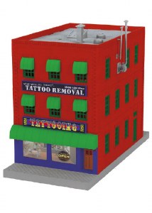 MTH 3-Story City Building w/Fire Escape & Blinking Sign - What were you inking - Tattoo Removal  (MTH3090566)